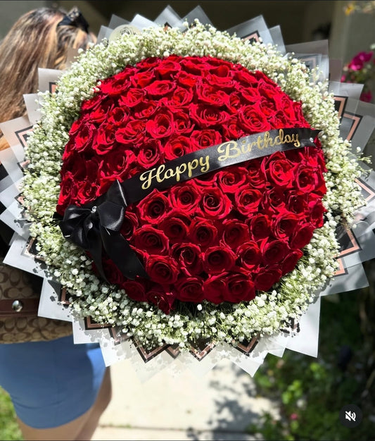 𝟏𝟎𝟎 𝐑𝐨𝐬𝐞𝐬 𝐋𝐨𝐧𝐠𝐬𝐭𝐞𝐦 𝐁𝐨𝐮𝐪𝐮𝐞𝐭 white Halo baby breath flowers